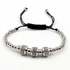 Stainless steel beads adjustable copper inlaid zircon  bracelet wholesale