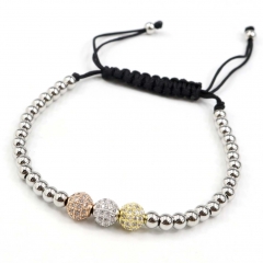Stainless steel beads adjustable copper inlaid zircon  bracelet wholesale