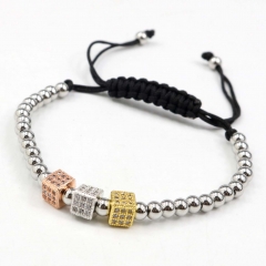 Stainless steel beads adjustable copper inlaid zircon  bracelet wholesale