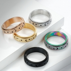 Stainless steel jewelry women ring wholesale，Frosted hollow star moon stainless steel rotating ring