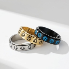 Stainless steel jewelry women ring wholesale，INS Japanese Korean neutral style smiley face rotatable titanium steel ring